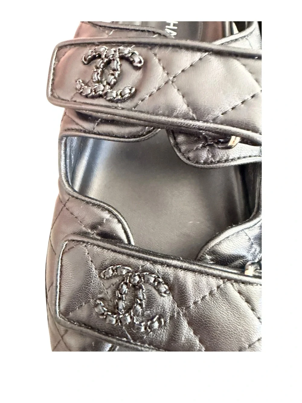 CHANEL Black Quilted Leather Kids Double-Strap Sandals